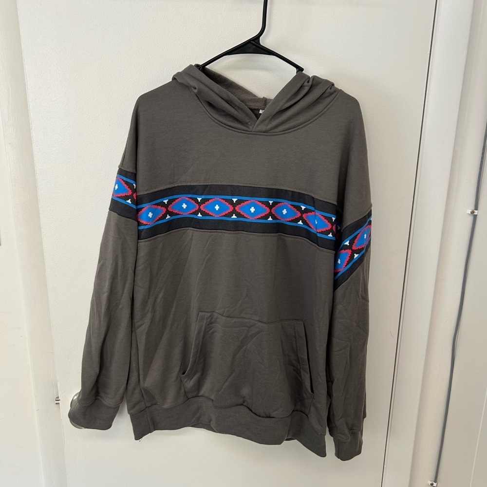 Men's Gray Hoodie with Blue and Red Pattern